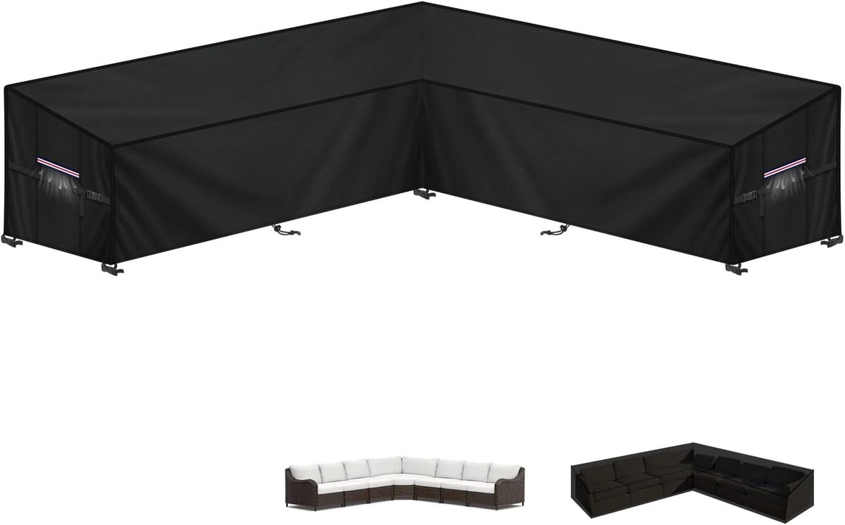 Famanu Tuinmeubelhoes L-Vorm Afdekhoes voor Tuinmeubelen Waterdichte Rotan Hoekbankhoes Buiten Tuinbankhoes Lounge Afdekking Beschermhoes voor Hoekbank met Ventilatieopeningen, 265x265x100x90/65cm zwart