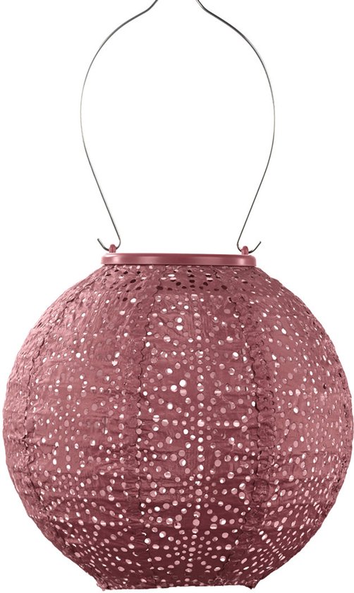 Koperkleurige, ronde lampion met een open, geometrisch patroon van kleine gaatjes.