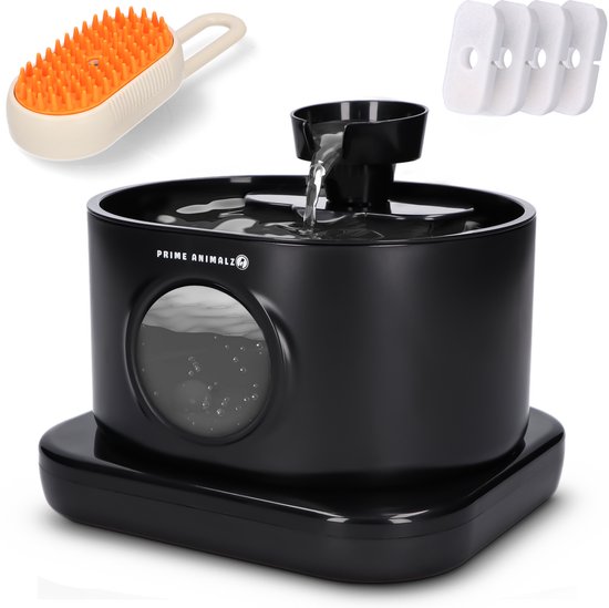 Prime Animalz Drinkfontein Kat met stoomborstel - 4 Filters - Drinkfontijn - Kattenfontein - Dieren Drinkbak - Drinkfontijn Katten - Waterfontijn - Waterfontein voor Katten en Honden - Kattenfontijn - Draadloos met Sensor - 2.8L - Zwart