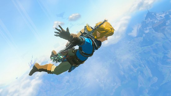 Close-up van Link die door de lucht vliegt met een glimlach, zijn blauwe en bruine outfit is goed zichtbaar.