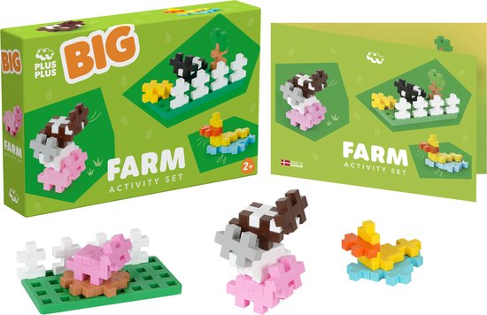 Boîte et livret Plus-Plus BIG Activity Farm Activity Set avec des images de jouets.