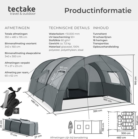 tectake® - Tunneltent voor 6 personen - Familietent op stahoogte - Voortent - Campingtent grote slaapcabine met grondzeil - 4 ramen, waterafstotend, 480 x 350 x 195 cm, donkergrijs/lichtgrijs