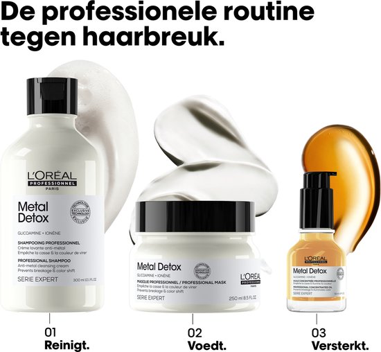 Set L'Oréal Metal Detox producten: shampoo, masker en serum in witte verpakkingen.