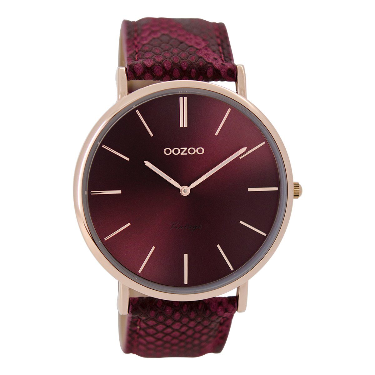 Rosé goudkleurige OOZOO horloge met bordeaux rode leren band - C9303