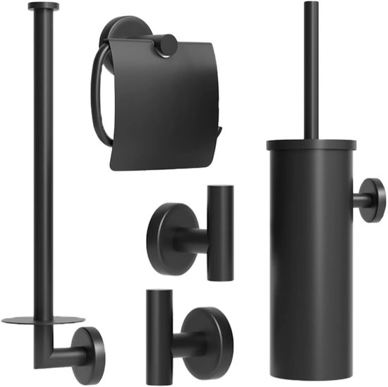 Nifkos Toiletaccessoireset Zwart 5-delig - Luxe Toilet Set - Toiletborstel met Houder - Toiletrolhouder met klep - Reserverolhouder - Handdoekhaak