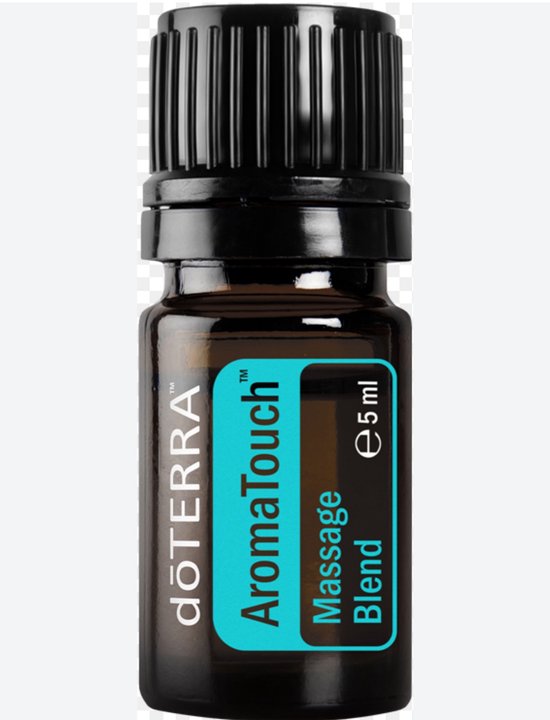 Bruine fles met een blauw label met de tekst 'dōTERRA AromaTouch Massage Blend 5 ml'.