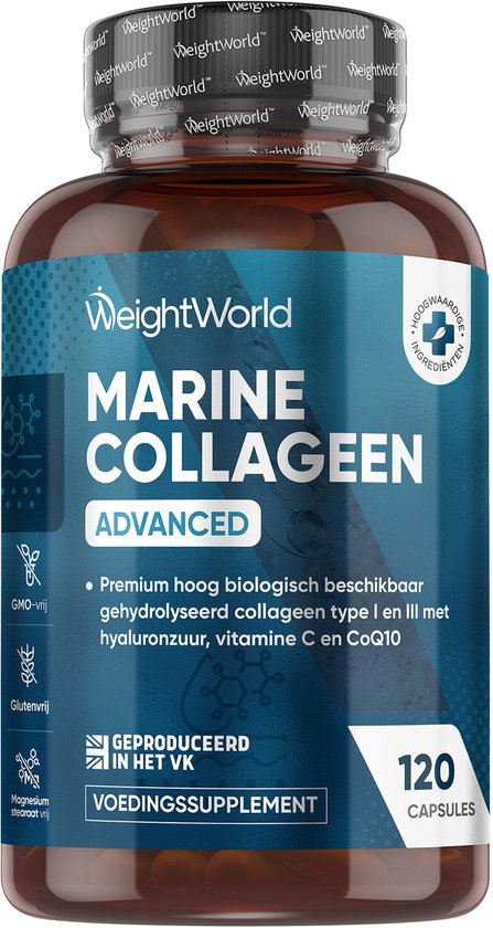 Fles WeightWorld Marine Collageen Advanced. Inhoud: 120 capsules. GMO-vrij, glutenvrij.