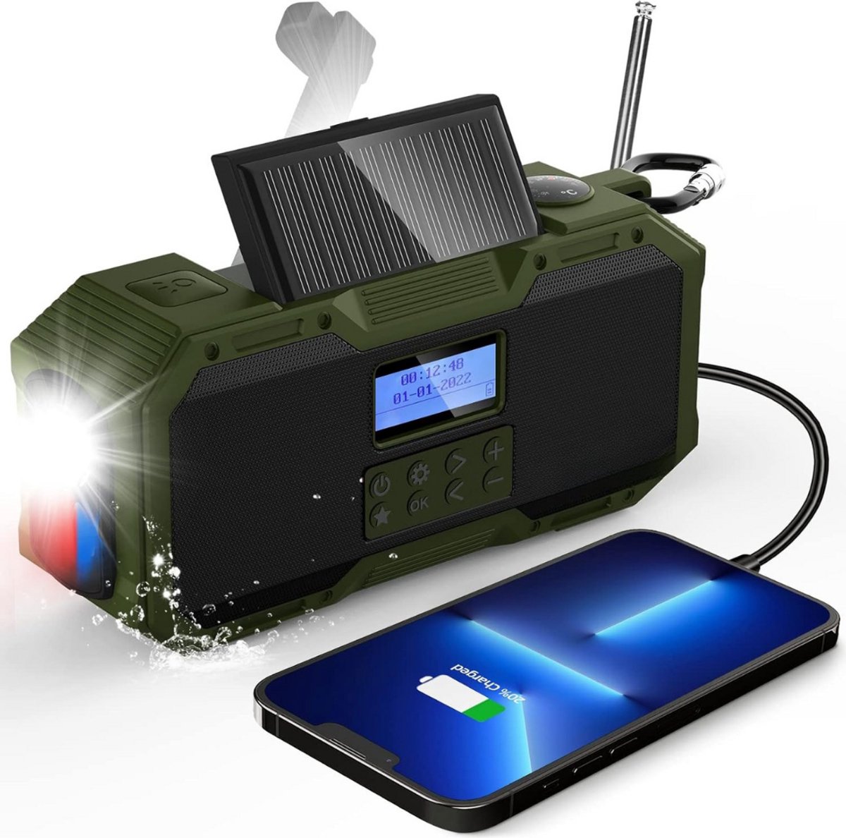 Noodradio - Solar Opwindbaar - Solar powerbank - 4000mAh - Zonneenergie - Survival Noodpakket - Zaklamp Oplaadbaar - AM/FM - Noodrantsoen - Groen