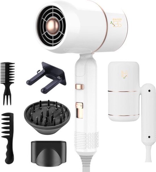 BAESS Föhn met diffuser – Inklapbare Reisföhn – Ionische Haardroger – 2000W – Coolshot – Krullen – Haarföhn – Hair Dryer – Wit