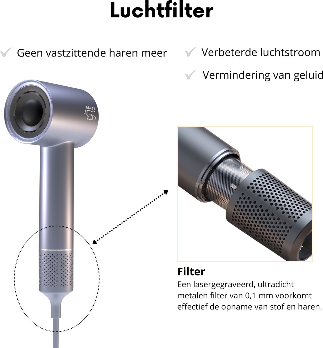 BAESS Föhn met Diffuser - Ionische Haardroger - Krullen - 8 Standen - Hair dryer - Haarföhn - Reisföhn - Coolshot - Platina thumbnail 8