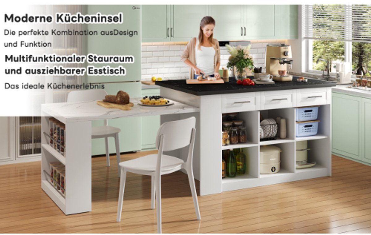 Multifunctioneel Keukeneiland met Uittrekbare Eettafel - Zwart/Wit Mar