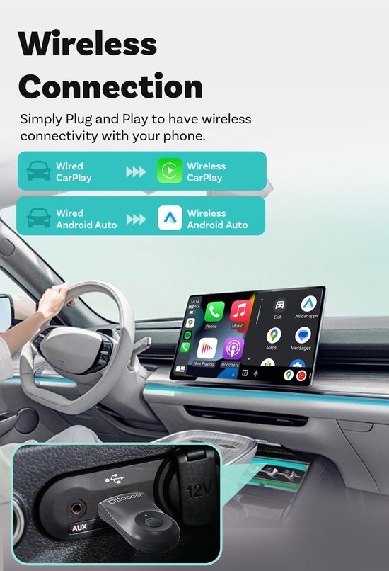 OTTOCAST Draadloze Carplay-adapter voor iPhone, draadloze Carplay dongle voor iOS Plug Play automatische verbinding draadloos compatibel met in de fabriek bekabelde carplay-voertuigen
