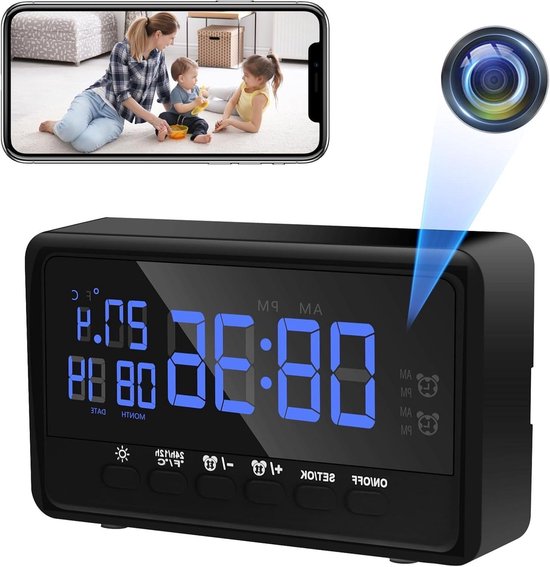 Verborgen camera wifi HD 1080p mini-camera 2.4/5G spionagecamera klok met 2 wekkers en beeldscherm multifunctioneel - ondersteuning nachtzicht bewegingsdetectie