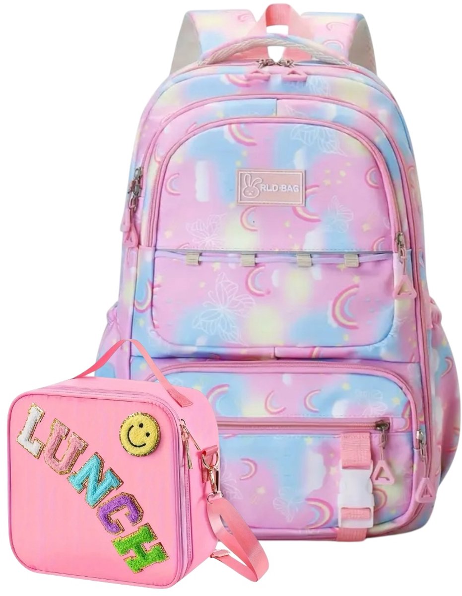 Ultiluxe® Schooltas en lunchtas - Roze/blauw - 2 stuks - Rugzak voor kinderen - Schoolrugzak, schoolrugtas, 15.6 inch laptoptas - Meisjes tas met laptopvak - 2-delige tassenset voor meiden - Rugzak, schoolset, rugtas, crossbody tas