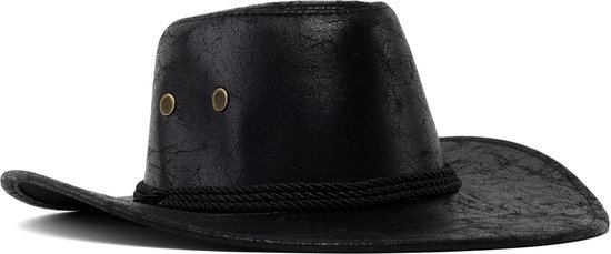 KIMU Cowboyhoed Leatherlook Zwart Mat - Zwarte Leren Cowgirl Western Hoed PU Leer - Ranger Stoere Lederen Cowboy Dames Heren Carnaval