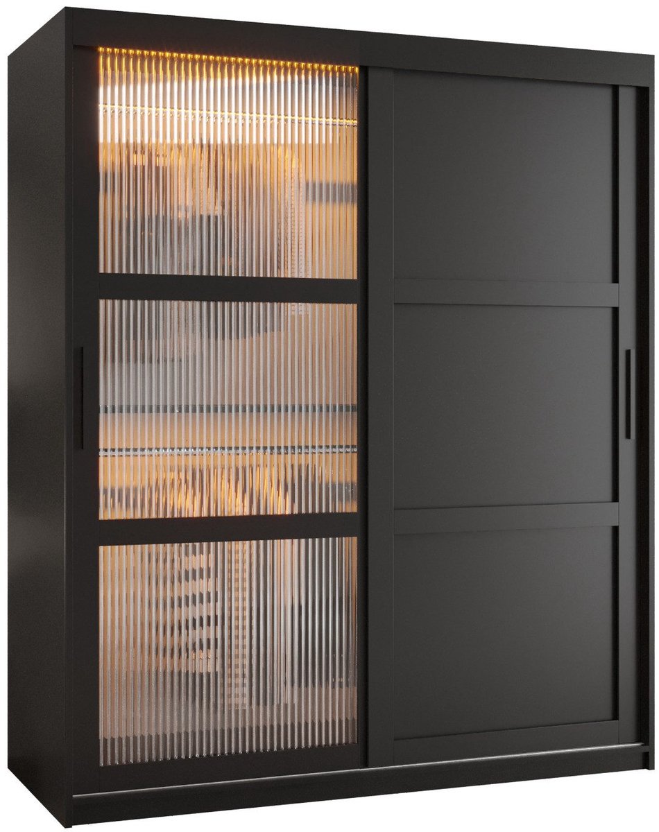 AJE Meubles B.V. Zweefdeurkast Kledingkast met 2 schuifdeuren glanzen slaapkamerkast Kledingstang met planken Garderobekast met geribbeld glas - ARTON 3 (150 cm, Zwart)