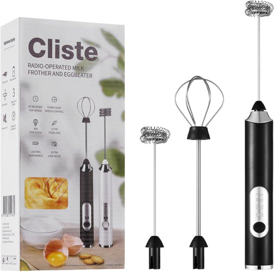 Cliste Elektrische Melkopschuimer – Melkschuimer Elektrisch, Melk Schuimer, Melkklopper, Nespresso, Koffie – met Garde en Spiraalgarde – USB Oplaadbaar – 3 Snelheidsfuncties – Zwart