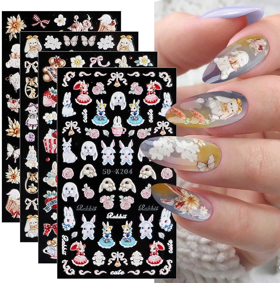 Elysee Beauty - 5D Pasen nagelstickers - 4 vellen - Zelfklevend nageldecoratie - Schattige Konijn, bloem & lente designs – DIY easter nail art stickers voor manicure