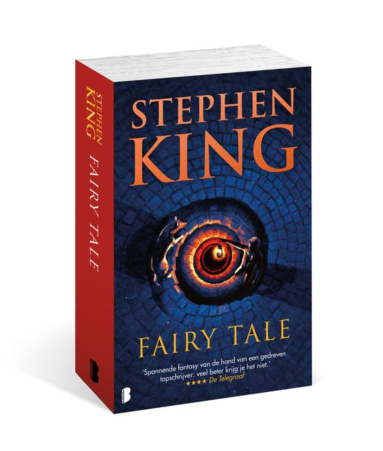 Boekomslag: Stephen King 'Fairy Tale' in oranje letters op een blauw, gespikkelde achtergrond met een spiraalvormig oog. Rode zijkant met tekst.