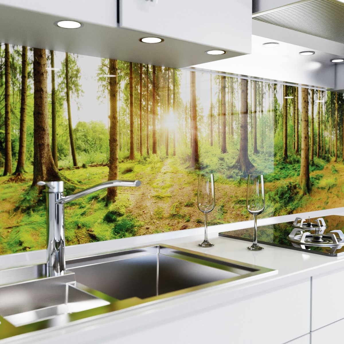Keuken achterwand zelfklevend – Glaslook – Spatscherm keuken – Verstevigde PET folie – Spatwand fornuis – Muurbeschermer – 0,80 mm - Zonnestralen bos - 340 cm x 60 cm