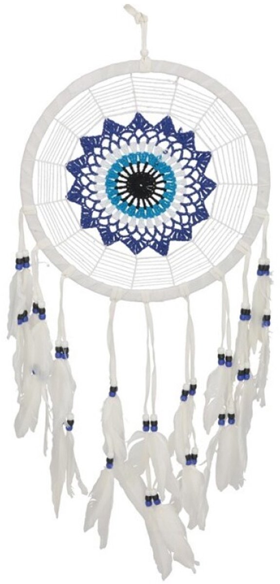 Gerimport Dromenvanger/dreamcatcher - mobiel - blauw - veertjes/kraaltjes - 28 cm