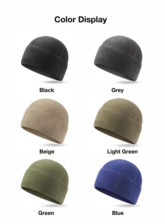 Kleurenkaart met zwarte, grijze, beige, lichtgroene, groene en blauwe beanies.