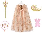 Joya Kids® Verkleedcape met Accessoires Beige kleuren | Prinsessencape | Cape Set | Unicorn | Meisje Verkleedset | Carnvalskleding Meisjes | Met Kroon, Staf, Handschoenen en Sieradenset