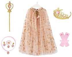 foto van Joya Kids® Verkleedcape met Accessoires Beige kleuren | Prinsessencape | Cape Set | Unicorn | Meisje Verkleedset | Carnvalskleding Meisjes | Met Kroon, Staf, Handschoenen en Sieradenset
