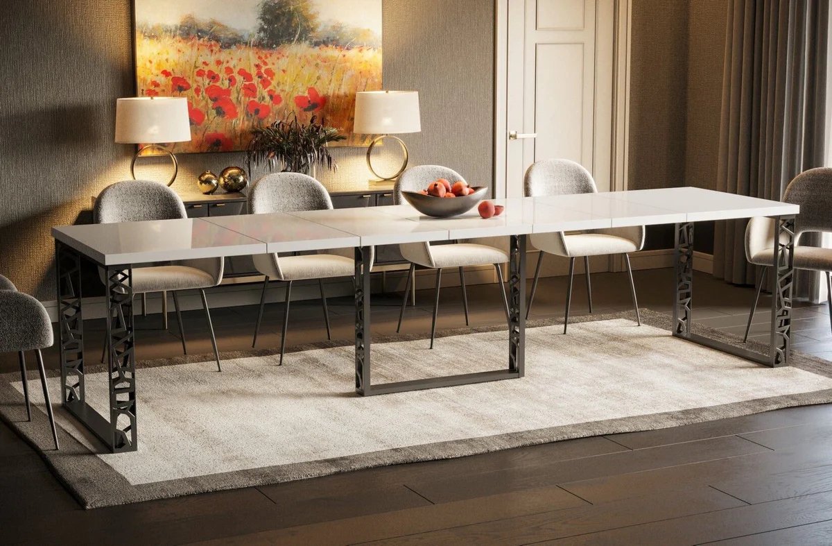 Witte Glans Uitschuifbare Eettafel (130-330 cm x 80 cm x 75 cm) – Verlengbaar Tafelblad, Stevig Metaal en Bewerkt Hout – Modern Design voor 4 tot 8 Personen