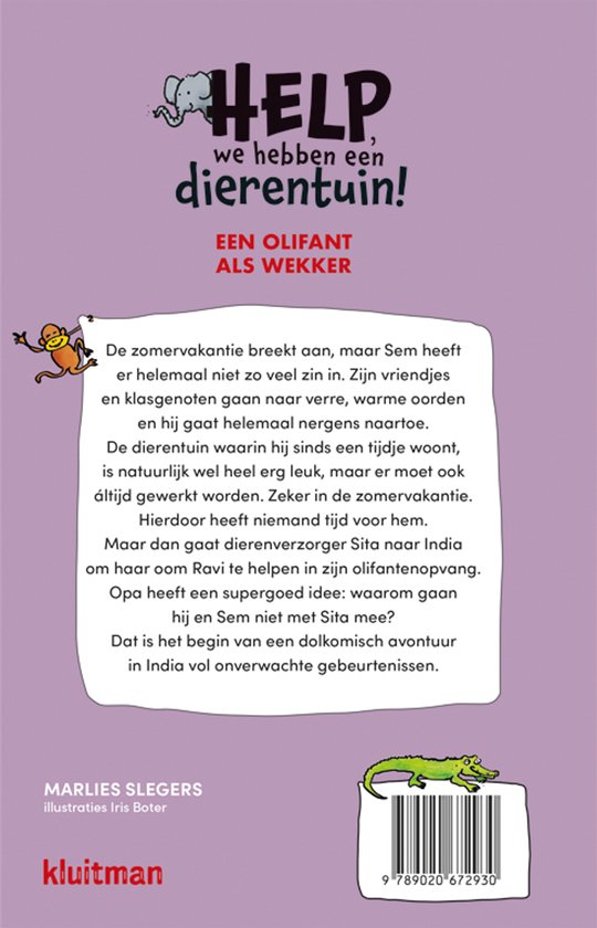 Achterkant boek met tekst over een olifant als wekker, illustraties van apen, olifant en krokodil.