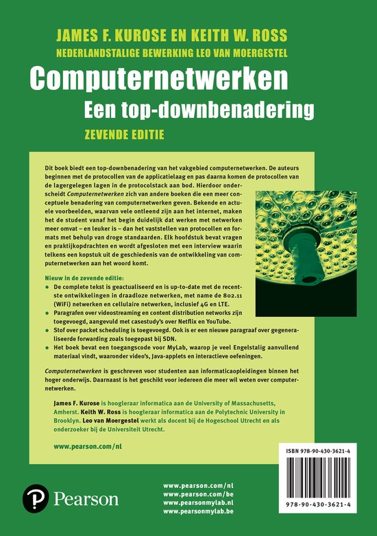 Boekomslag met titel 'Computernetwerken', een top-downbenadering, 7e editie, en tekstuele beschrijving van de inhoud.