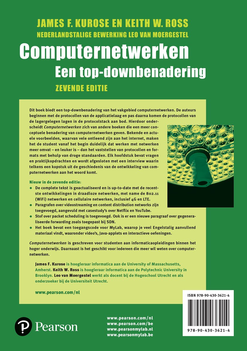 Boekomslag met titel 'Computernetwerken', een top-downbenadering, 7e editie, en tekstuele beschrijving van de inhoud.