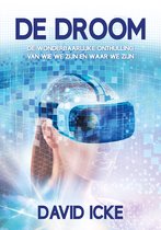Boekomslag met de titel 'DE DROOM'. Virtuele bril op een menselijk hoofd, digitale achtergrond.