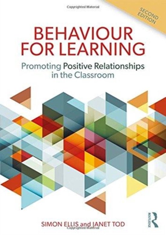 Boek 'Behaviour for Learning' (Tweede Editie) met geometrisch patroon in rood, oranje, blauw en geel.