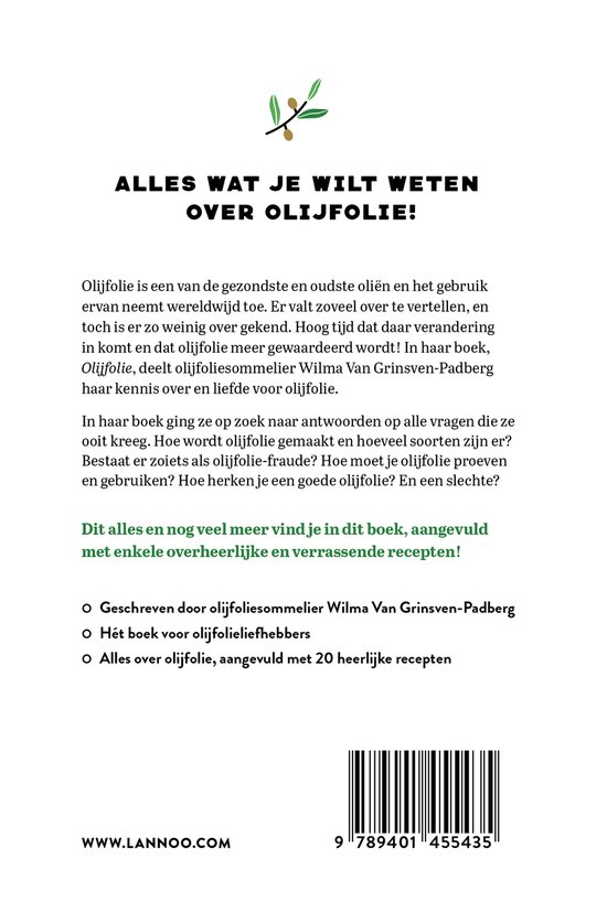 Boek "Olijfolie! Het naslagwerk". Achterkant met tekst, barcode en ISBN.