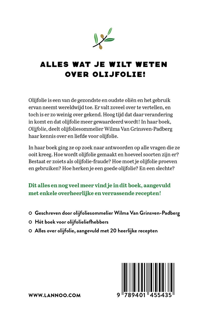 Boek "Olijfolie! Het naslagwerk". Achterkant met tekst, barcode en ISBN.