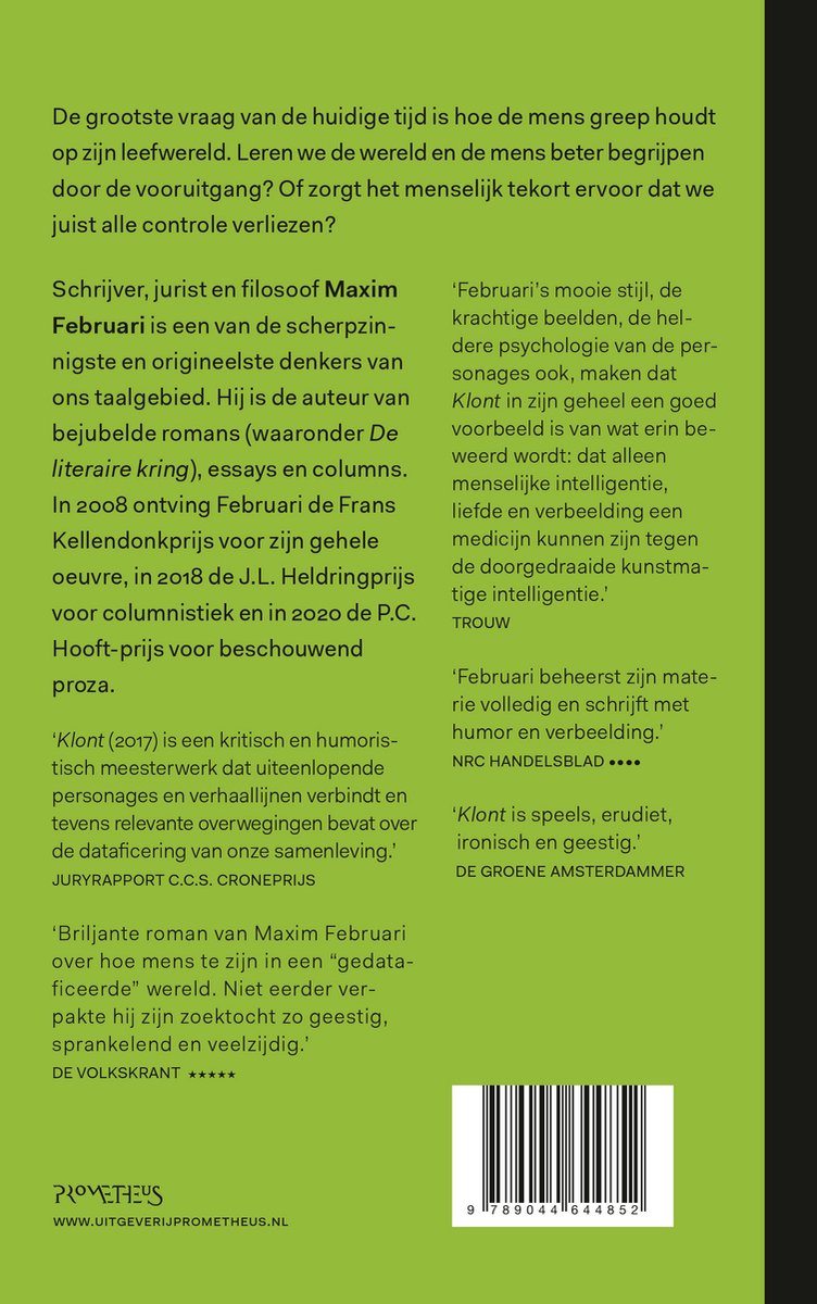 Boek 'Klont' van Maxim Februari met recensies en streepjescode.