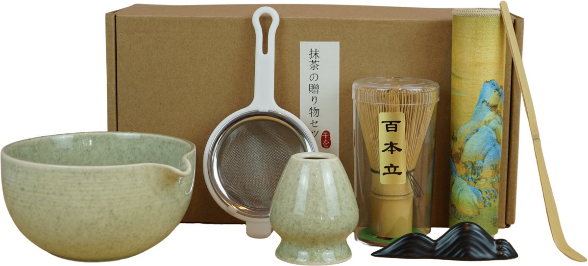 Dastium Home Matcha - Matcha Set - 7-delige set met matcha klopper, matcha kom, lepel, whisk houder, lepelhouder, onderlegger doek en zeef - Matchaset - Matcha Starterkit - Groen