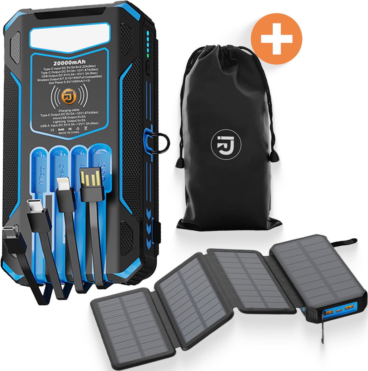 JIRTech® Solar Powerbank 20.000 mAh met Ingebouwde Kabels - Product - €64,95