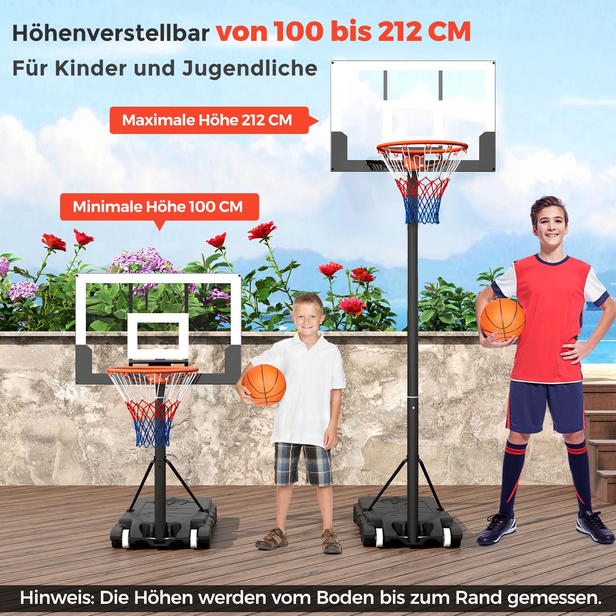 COSTWAY Basketbalkorf voor buiten, basketbalstandaard, 155-210 cm/170-230 cm, in hoogte verstelbaar, mobiele basketbalinstallatie met wielen en standaard, mandinstallatie, voor binnen en buiten, voor