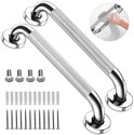 Set van twee zilverkleurige RVS handgrepen met knurled grip en bevestigingsmateriaal.