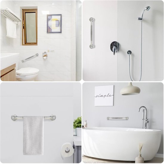 Collage: zilverkleurige badgrepen bij toilet en douche, een handdoekenrek en bij een badkuip.