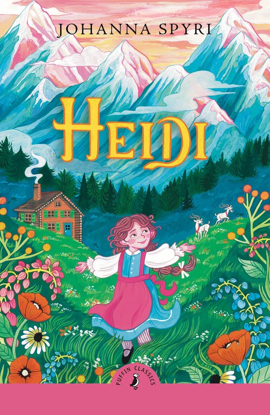 Couverture de livre avec Heidi dans une prairie, des montagnes en arrière-plan et le titre 'Heidi' par Johanna Spyri.