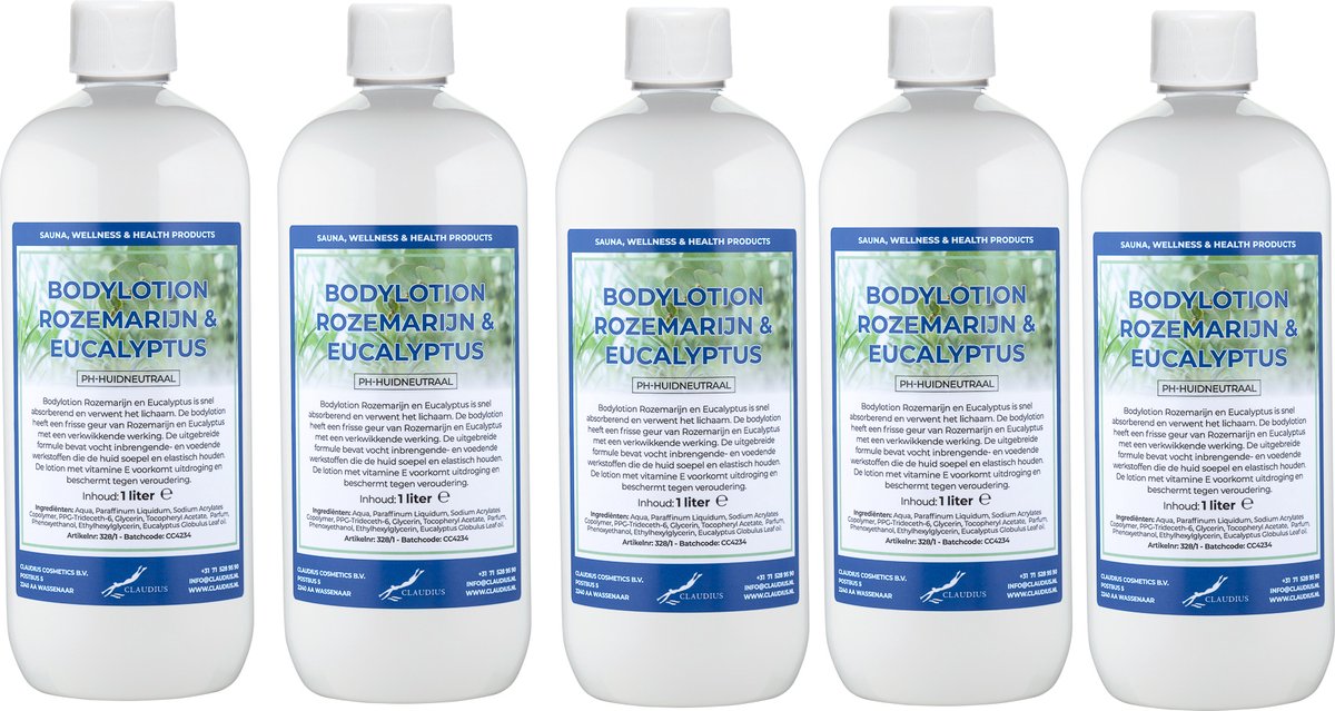 Bodylotion Rozemarijn & Eucalyptus 1 Liter - set van 5 stuks - Voordeelverpakking