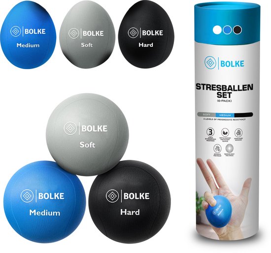 Bolke® - stressbal -stressballen volwassenen - stresballen set van 6 - stressballen voor hand - ei-vormig & rond - verschillende hardheden