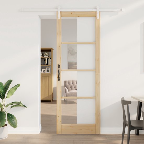Porta Scorrevole VidaXL Orkdal In Pino Massello E Acciaio – Naturale E Nero, 152.5x232 Cm, Con Kit Di Montaggio