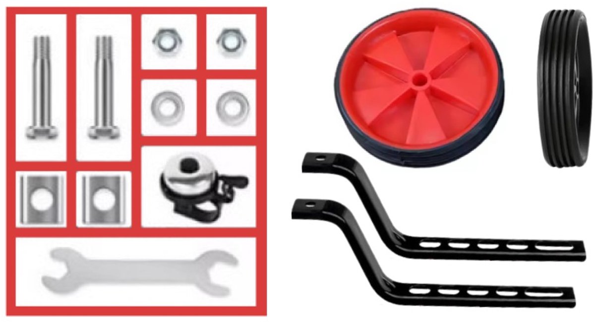 Goodz4All Rode Zijwieltjes Trainingswieltjes voor de Kinderfiets compleet incl. Montagemateriaal en Steeksleutel Wieltjes van 11 Cm - extra met Zilverkleurige Bel
