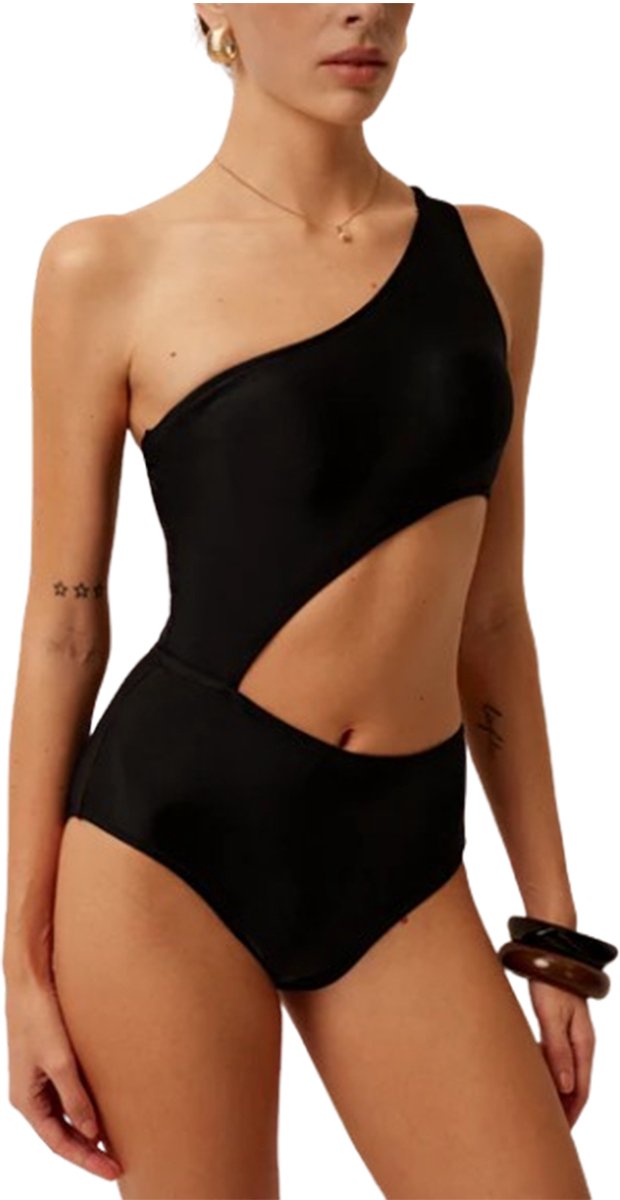 Goedkoopste Zwarte One Shoulder Bodysuit – Cut Out Monokini – Sexy Asymmetrisch Design