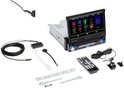 Caliber autoradio met klapscherm en accessoires: afstandsbediening, microfoon, antenne, kabels, montagebeugels.