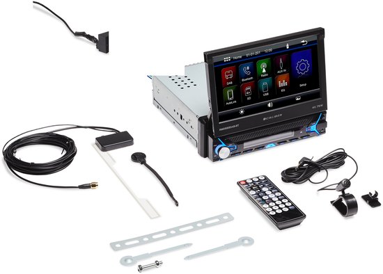 Caliber autoradio met klapscherm en accessoires: afstandsbediening, microfoon, antenne, kabels, montagebeugels.